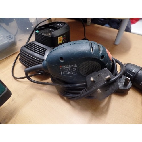 399 - DEWALT HEAT GUN, BOSCH DRILL, BOSCH HEDGE CUTTER AND BLACK AND DECKER MOUSE SANDER