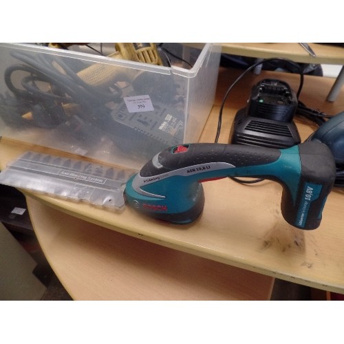 399 - DEWALT HEAT GUN, BOSCH DRILL, BOSCH HEDGE CUTTER AND BLACK AND DECKER MOUSE SANDER