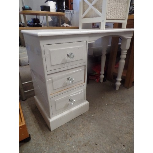 313 - SOLID PINE DRESSING TABLE/DESK WITH 3 DRAWERS, PAINTED CREAM WITH 3 OVERSIZED GLASS KNOBS