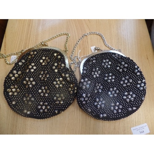 343 - 2 EVENING PURSES - ONE IN BLACK AND GOLD AND ONE BLACK AND SILVER WITH CHAIN HANDLES