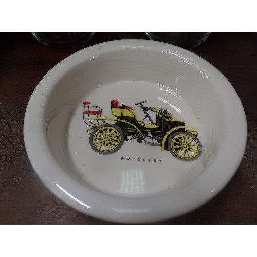 350 - 2 CARLTON WARE DISHES WITH VINTAGE CAR MOTIF AND 3 GLASSES  AGAIN WITH VINTAGE CAR MOTIF