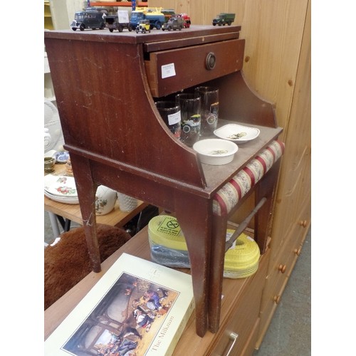 351 - SMALL VINTAGE HALL TABLE WITH PULL OUT TRAY AND CHAIR UNDER