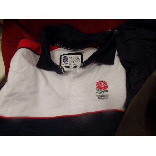 403 - QUANTITY OF GOOD QUALITY CLOTHES - KIMMY TAYLOR JACKET, WAX JACKET, ENGLAND RUGBY TOP ETC