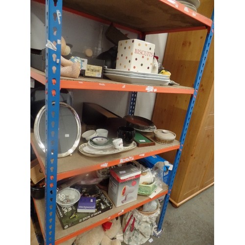 424 - 3 SHELVES OF MIXED ITEMS - INFRA RED LAMP, SILVER PLATE PHOTO FRAME, COMMEMORATIVE GLASSES, CHINA ET... 