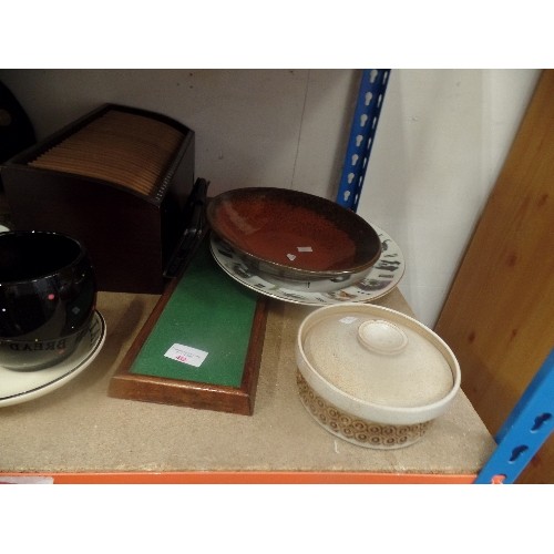 424 - 3 SHELVES OF MIXED ITEMS - INFRA RED LAMP, SILVER PLATE PHOTO FRAME, COMMEMORATIVE GLASSES, CHINA ET... 