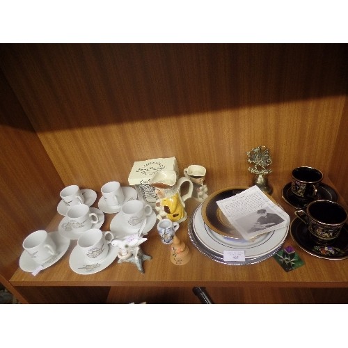 465 - SHELF OF MIXED CHINA - SET OF 6 CYPRUS CUPS AND SAUCERS, BRASS BELL ETC