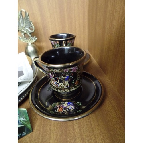 465 - SHELF OF MIXED CHINA - SET OF 6 CYPRUS CUPS AND SAUCERS, BRASS BELL ETC