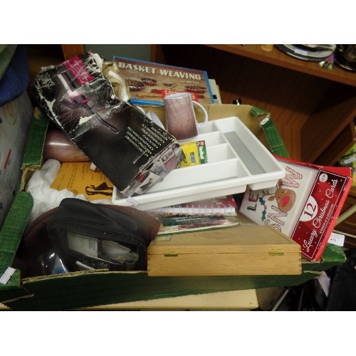 468 - BOX OF MIXED ITEMS- GROOMING SCISSORS, CHRISTMAS CARDS, ANDREW BARTON HAIR STRAIGHTNERS ETC