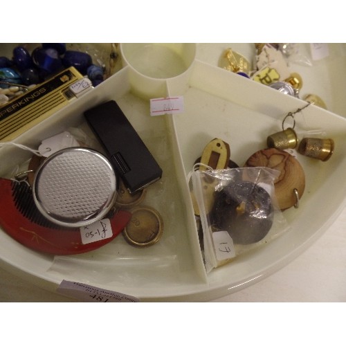 481 - TUB OF INTERESTING ITEMS - SUPERKINGS LIGHTER, WEIGHTS, THIMBLES, BADGES ETC