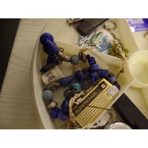 481 - TUB OF INTERESTING ITEMS - SUPERKINGS LIGHTER, WEIGHTS, THIMBLES, BADGES ETC