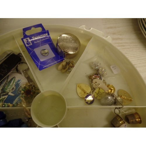 481 - TUB OF INTERESTING ITEMS - SUPERKINGS LIGHTER, WEIGHTS, THIMBLES, BADGES ETC