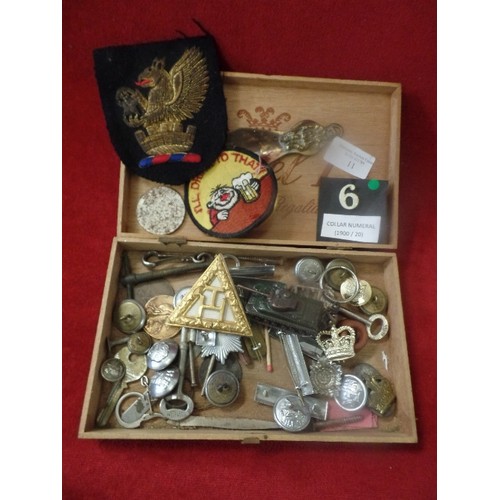 11 - LOVELY MIXED BOX OF MILITARY ITEMS - GOLD THREAD BADGE OF GRIFFIN IN CASTLE CORONET, BUTTONS, CAP BA... 