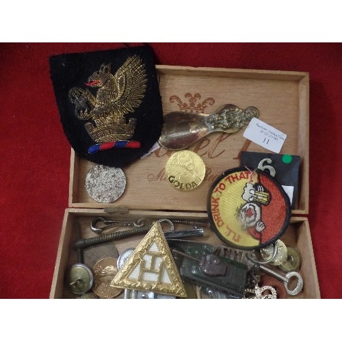 11 - LOVELY MIXED BOX OF MILITARY ITEMS - GOLD THREAD BADGE OF GRIFFIN IN CASTLE CORONET, BUTTONS, CAP BA... 