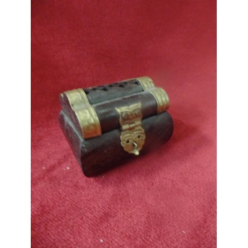 12 - MINIATURE WOODEN AND BRASS BANDED TREASURE CHEST TRINKET BOX