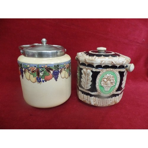 51 - VINTAGE BISCUIT CADDYS, A STAFFORDSHIRE WITH FRUIT PATTERN, AND A MARUMONWARE. BOTH WITH LIDS.