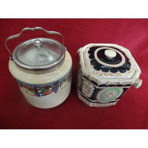 51 - VINTAGE BISCUIT CADDYS, A STAFFORDSHIRE WITH FRUIT PATTERN, AND A MARUMONWARE. BOTH WITH LIDS.