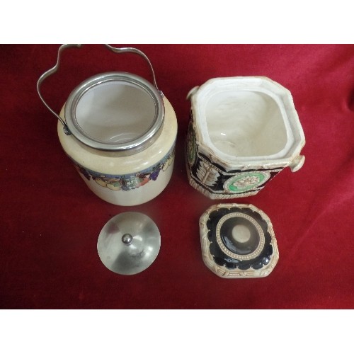 51 - VINTAGE BISCUIT CADDYS, A STAFFORDSHIRE WITH FRUIT PATTERN, AND A MARUMONWARE. BOTH WITH LIDS.