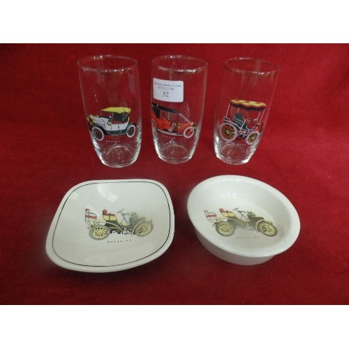 52 - 2 CARLTON WARE DISHES WITH VINTAGE CAR MOTIF AND 3 GLASSES  AGAIN WITH VINTAGE CAR MOTIF