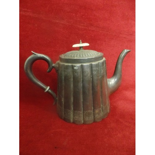 55 - VINTAGE PEWTER TEAPOT WITH HINGED LID. FLUTED.