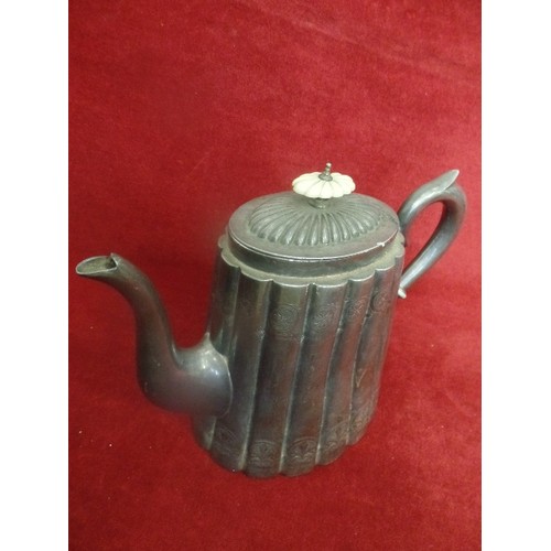 55 - VINTAGE PEWTER TEAPOT WITH HINGED LID. FLUTED.