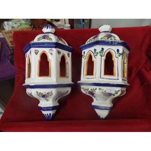 59 - PAIR OF LARGE HAND-PAINTED CERAMIC WALL LANTERNS. FLAT BACKED. 50CM H/27CM W. [POSSIBLY PORTUGESE OR... 