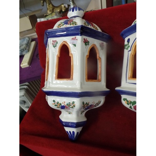 59 - PAIR OF LARGE HAND-PAINTED CERAMIC WALL LANTERNS. FLAT BACKED. 50CM H/27CM W. [POSSIBLY PORTUGESE OR... 