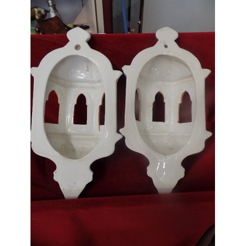 59 - PAIR OF LARGE HAND-PAINTED CERAMIC WALL LANTERNS. FLAT BACKED. 50CM H/27CM W. [POSSIBLY PORTUGESE OR... 