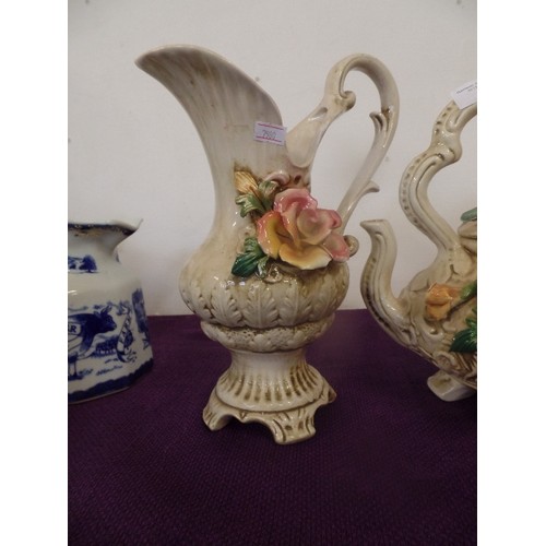 79 - CAPODIMONTE. SET OF 3 MATCHING DECORATIVE URN, JUG AND KETTLE. ADORNED WITH VINTAGE ROSES.