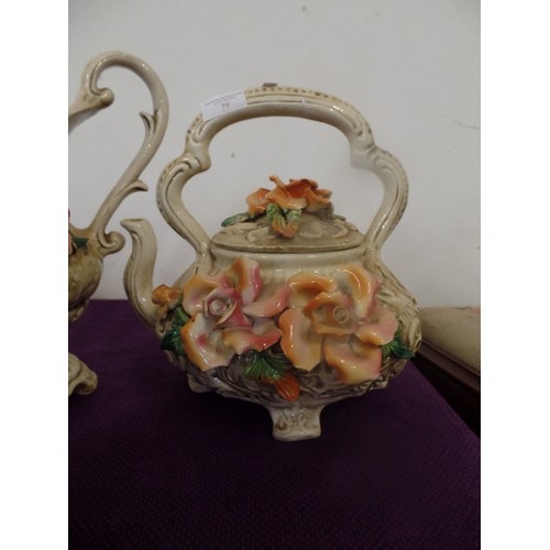 79 - CAPODIMONTE. SET OF 3 MATCHING DECORATIVE URN, JUG AND KETTLE. ADORNED WITH VINTAGE ROSES.