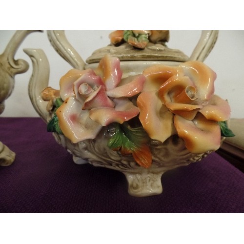 79 - CAPODIMONTE. SET OF 3 MATCHING DECORATIVE URN, JUG AND KETTLE. ADORNED WITH VINTAGE ROSES.