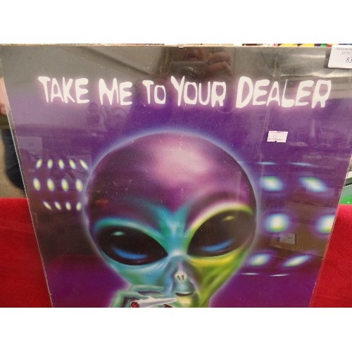 83 - 'TAKE ME TO YOUR DEALER' ALIEN SMOKING A SPLIFF. POSTER WITH PERSPEX FRAME.