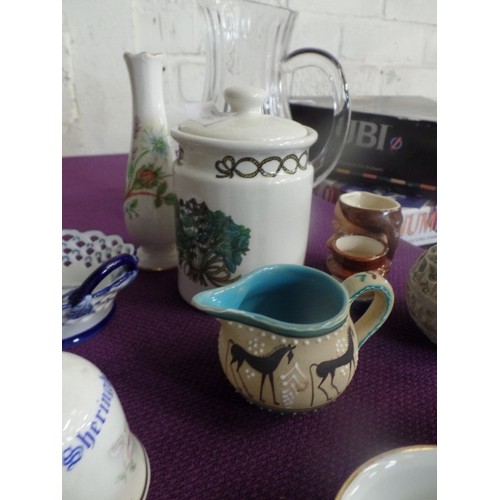 134 - MIXED LOT OF CHINA, INC PLANTERS, GISELLA GRAHAM COASTER, GLASS JUG, DEVON PIXIE TERRACOTTA TEAPOT E... 