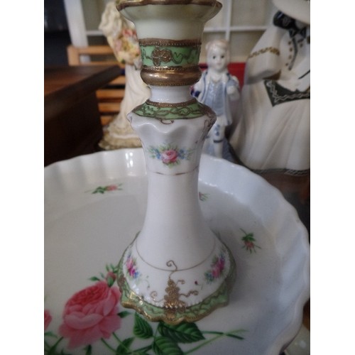 145 - MIXED LOT, INC CHINA ETC, WESTCLOX CLOCK, CHINA WITH BAMBOO, NORITAKE CANDLE STICK, ONYX BOWL, VINTA... 