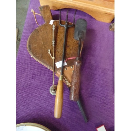 150 - A PAIR OF BELLOWS, IN GWO, A CANDLE SNUFFER, AND 2 FIRE COMPANION TOOLS.