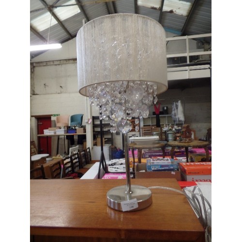 196 - ATTRACTIVE CONTEMPORARY TABLE LAMP, WITH IVORY THREAD SHADE, CONTAINING LARGE CRYSTAL DROPLETS. ON A... 