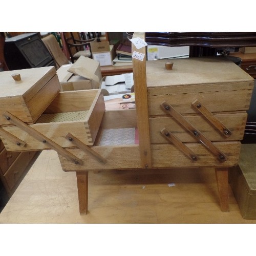 221 - VINTAGE CANTILEVER SEWING BOX, ON TAPERED LEGS. DOVETAIL JOINTED BOXES ON 3 LEVELS. CONTAINS A FEW T... 