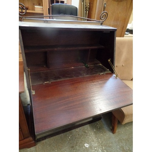 256 - VINTAGE DARK WOOD BUREAU/DESK, WITH BRASS KNOBS.