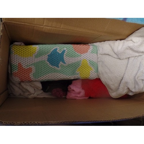 111 - MIXED BOX OF CHILDRENS BEDDING, CHILDRENS NON-SLIP BATH MATS AND CUSHIONS.