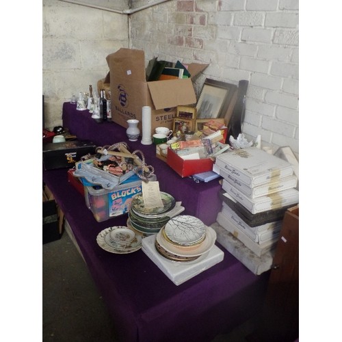 135 - LARGE MIXED CORNER LOT, INC OF COLLECTABLE PLATES, PICTURES, POUFFE, SCALES ETC.