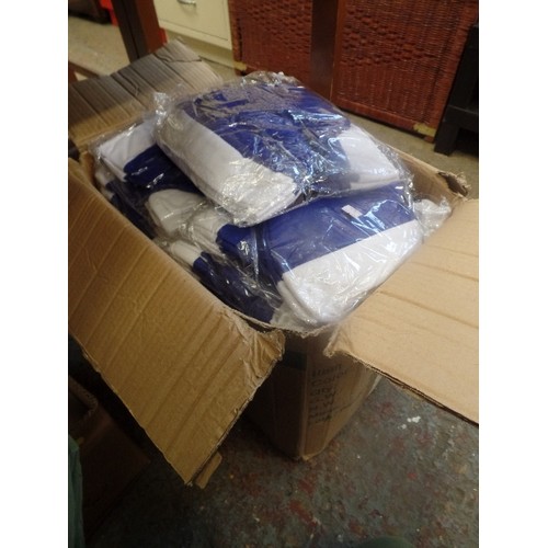 230 - LARGE BOX FULL OF BRAND-NEW SANTA HATS. ROYAL BLUE WITH WHITE RIM AND BOBBLE.