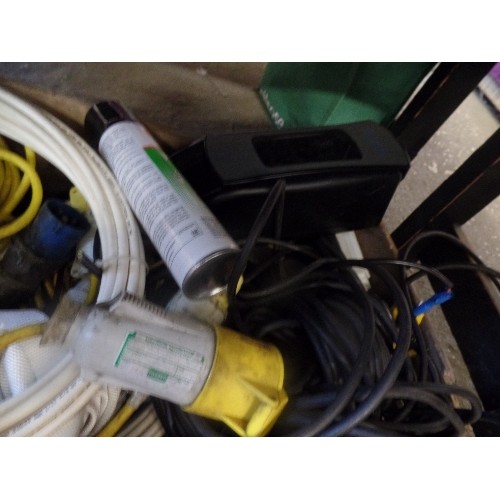 183 - LARGE BOX OF ELECTRICAL CABLES, LEADS AND SOCKET ETC. PURITY FG SPRAY, WEBBING STRAPS ETC.