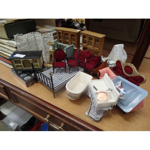 240 - DOLLS-HOUSE FURNITURE. INC BRASS BED, RANGE COOKER, FANCY CHAIRS, CRIB AND COT, EVEN THE KITCHEN SIN... 