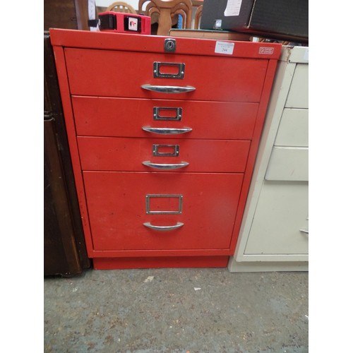 244 - VINTAGE RYMAN CONRAN FILING CABINET IN PILLAR BOX RED. 1 DEEP DRAWER, 3 SHALLOW. 47CMW/71CMH