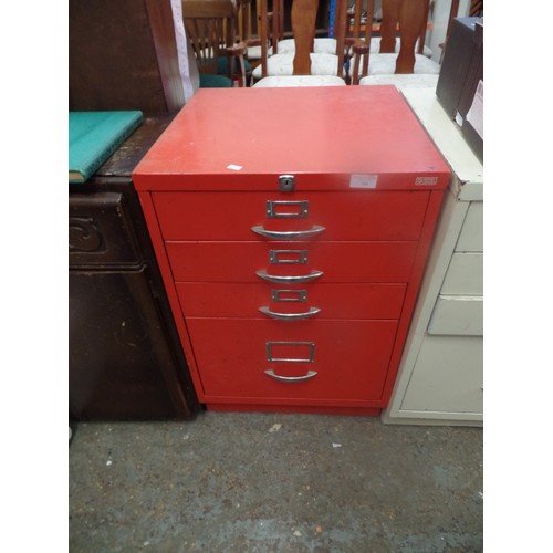 244 - VINTAGE RYMAN CONRAN FILING CABINET IN PILLAR BOX RED. 1 DEEP DRAWER, 3 SHALLOW. 47CMW/71CMH