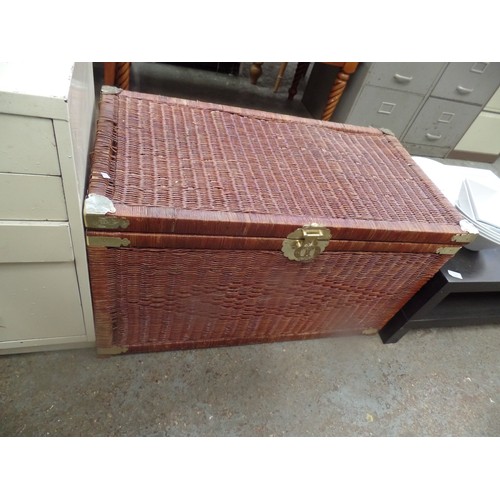 246 - LARGE RATTAN BLANKET BOX, WITH HINGED 90CM W. WITH BRASS CORNERS AND LOCK.