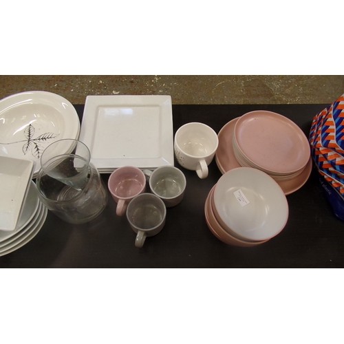 248 - QUANTITY OF CONTEMPORARY CROCKERY, INC SQUARE PLATES, PASTA BOWLS, CUPS, AND A BAG OF KITCHEN UTENSI... 