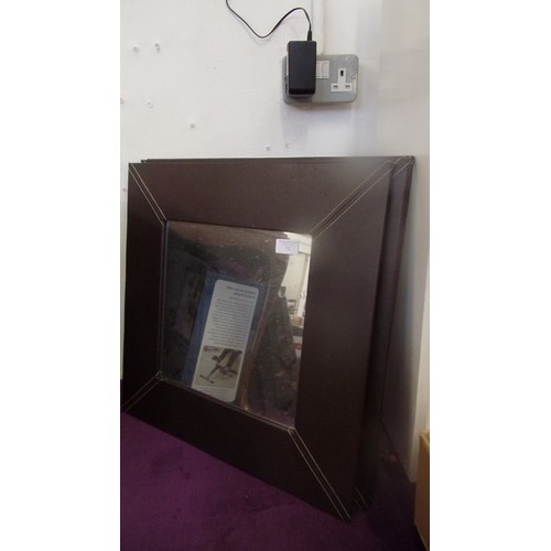 72 - 3 MATCHING MIRRORS, WITH THICK FAUX BROWN LEATHER FRAMES. 50CM SQUARE.