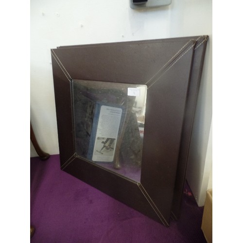 72 - 3 MATCHING MIRRORS, WITH THICK FAUX BROWN LEATHER FRAMES. 50CM SQUARE.