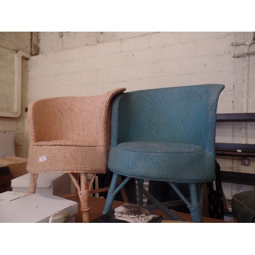 266 - 2 VINTAGE LLOYD-LOOM STYLE CHAIRS. 1 PAINTED SALMON PINK, THE OTHER SAGE GREEN.