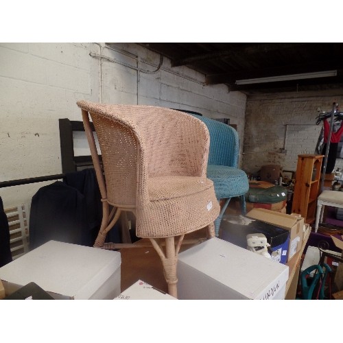 266 - 2 VINTAGE LLOYD-LOOM STYLE CHAIRS. 1 PAINTED SALMON PINK, THE OTHER SAGE GREEN.